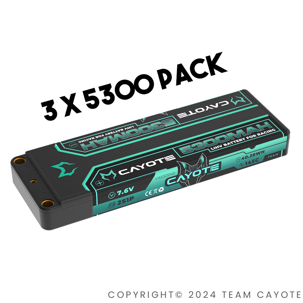 3-PACK CAYOTE Racing 6300mAh 2S LiPo Battery 7,6V 145C 226g