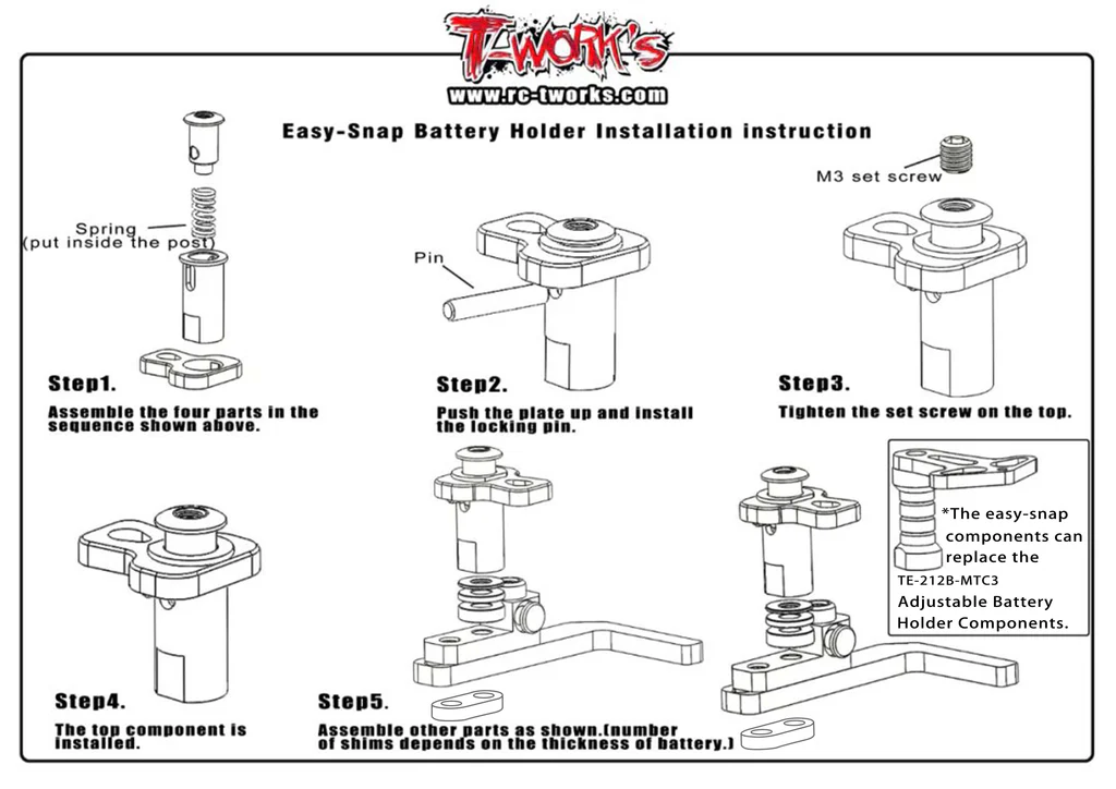 TW-TE-257-MTC3-B T-Work`s Easy Snap Messing Akkuhalter Set fr Mugen Seiki MTC-3 (3)