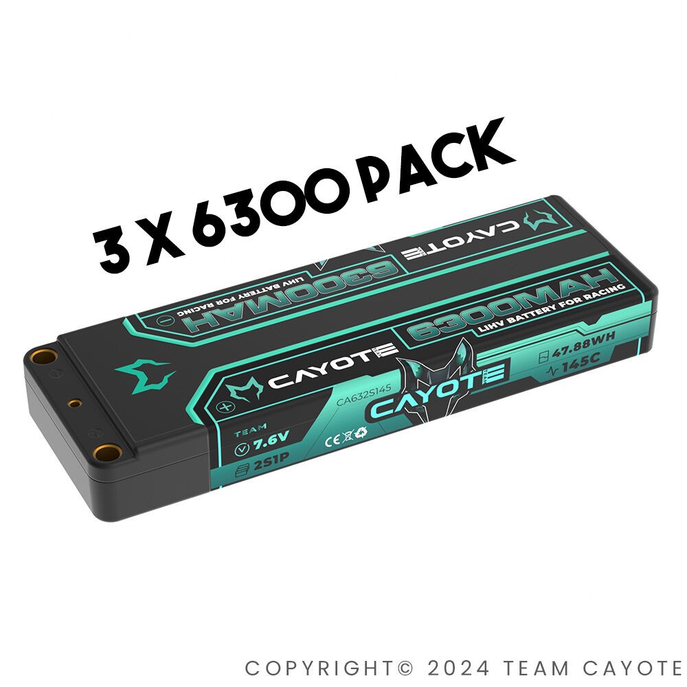 3-PACK CAYOTE Racing 6300mAh 2S LiPo Battery 7,6V 145C 226g