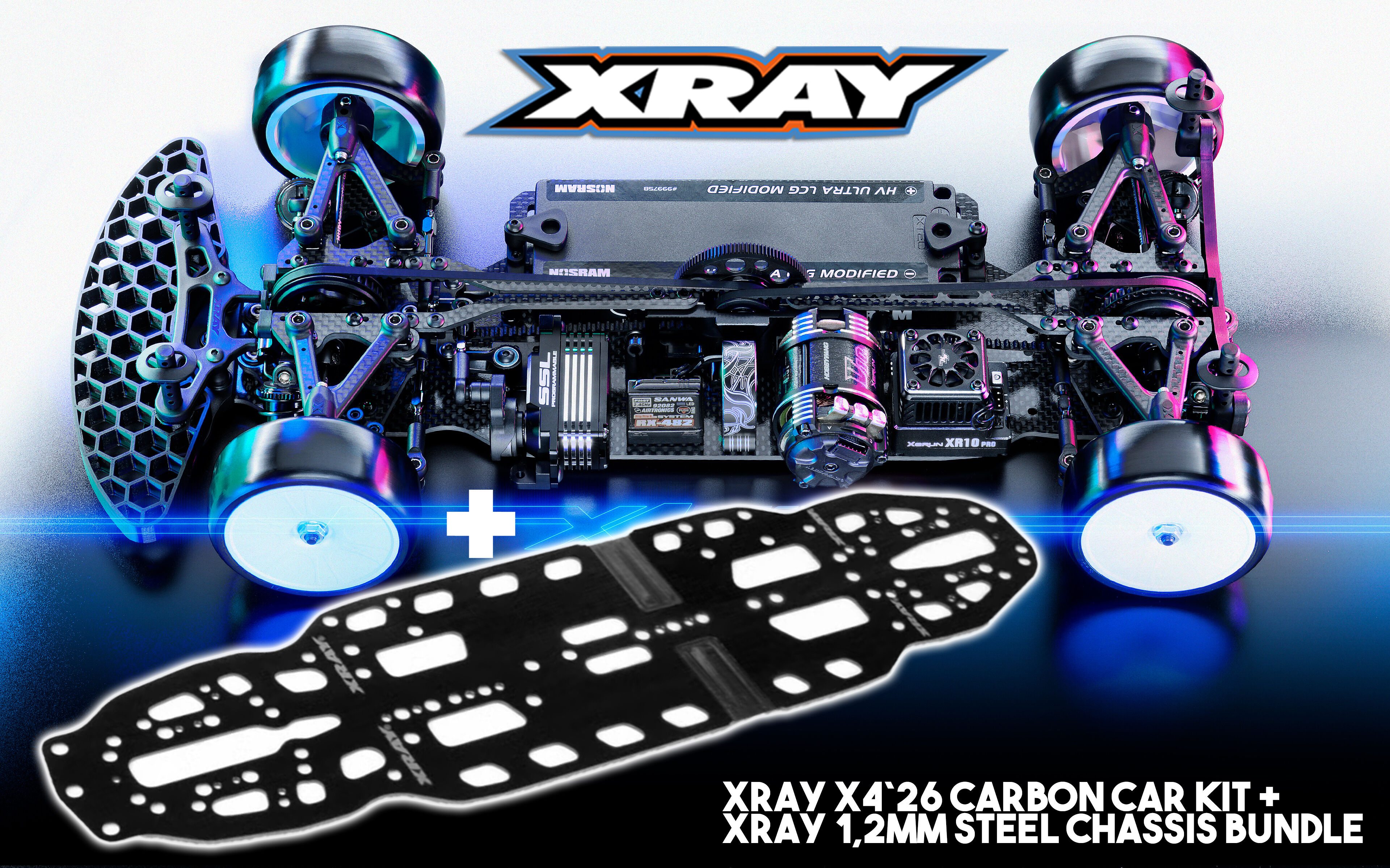 XRAY X4`26 Tourenwagen Baukasten 1:10 mit Kohlefaser Chassis und Xray 301028 Stahl Chassis