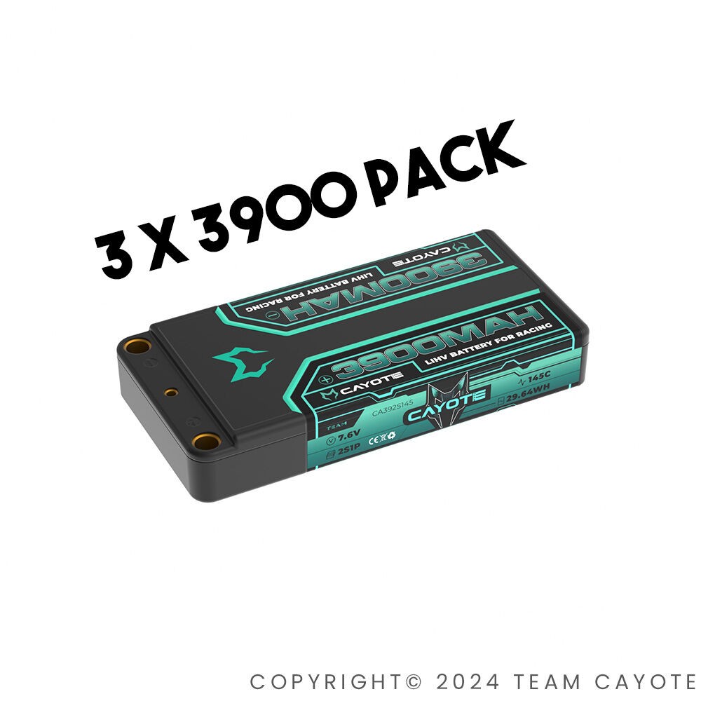 3-Pack CAYOTE Racing 3900mAh 2S Shorty LiPo Battery 7,6V 145C 142g