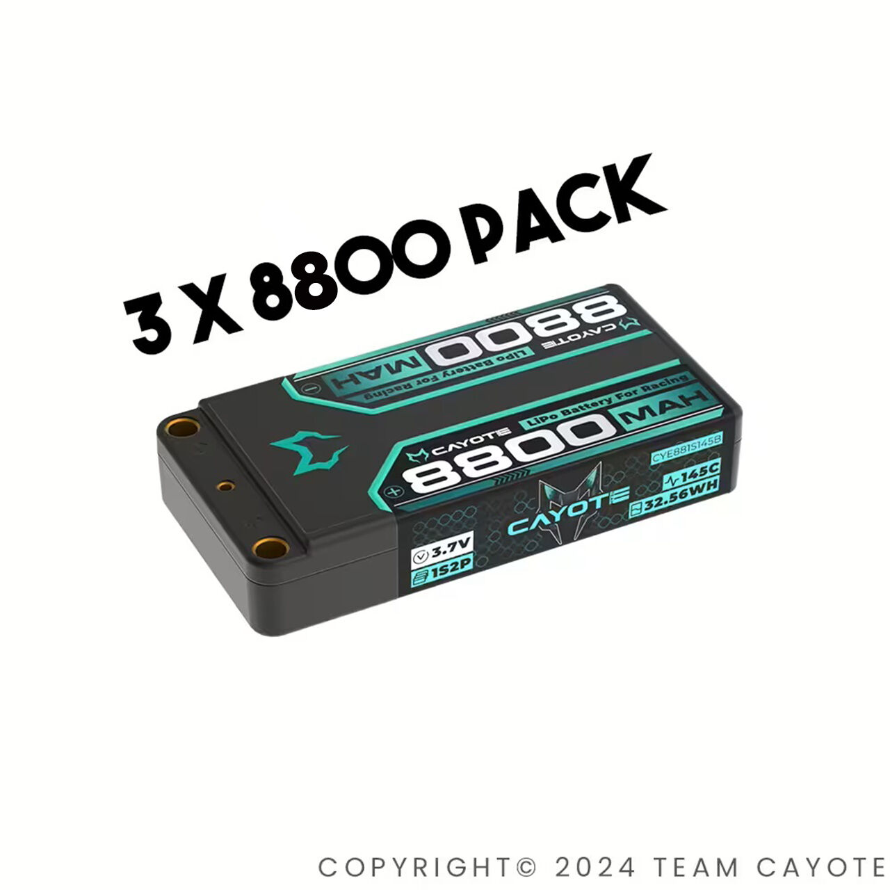 3-Pack CAYOTE Racing 8800mAh 1S LiPo Battery 3,7V 145C 162g