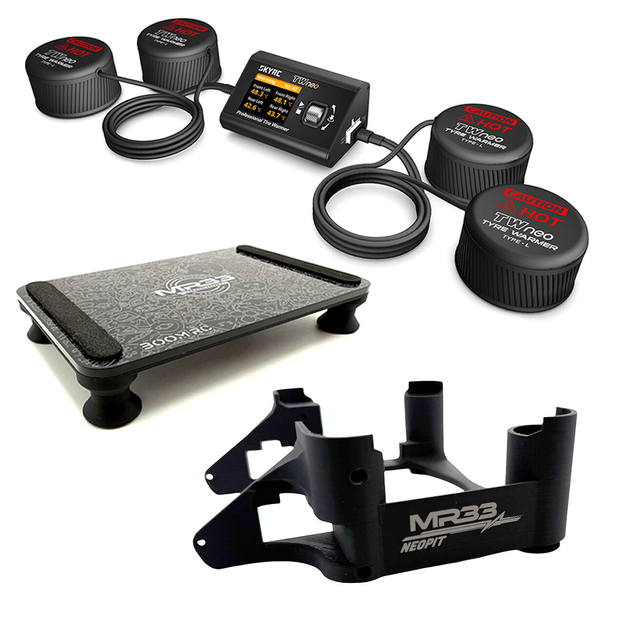MR33 NEOPIT Set with SkyRC TWneo Tire Warmers, MR33 Car Stand and MR33 NeoPit Adapter