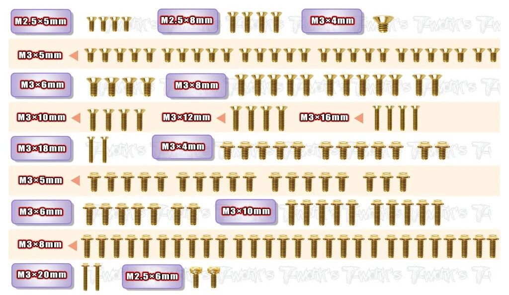 T-Work`s Ufo Head Steel Screw Set Gold Plated for Xray X4-2026 Carbon Chassis (145)